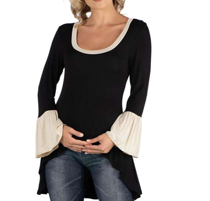 24Seven Comfort Apparel Women's Swing High Low Bell Sleeve Maternity Tunic Top