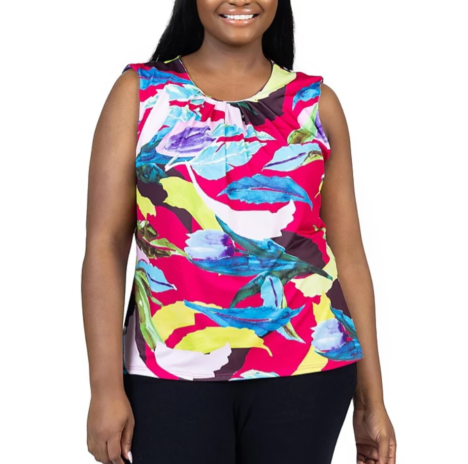 24Seven Comfort Apparel Women's Pleated Crew Neck Sleeveless Top Plus Size 2X