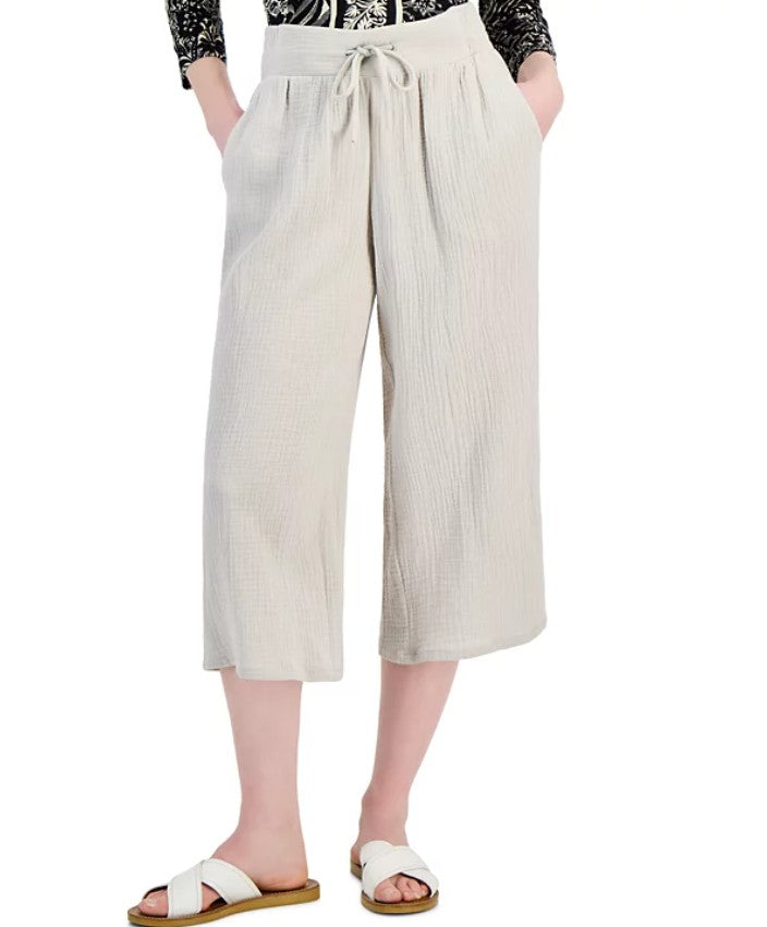 JM Collection Women's Gauze Cropped Pull-On Pants Stone Wall Size M