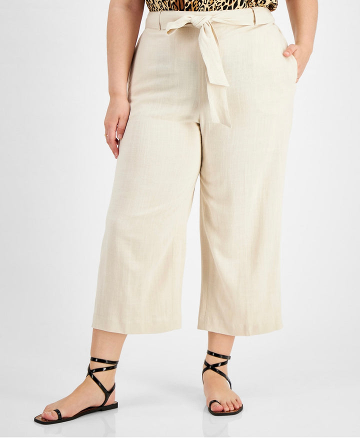Bar III Women's High Rise Pockets Straight Leg Tie-Waist Pants Flax