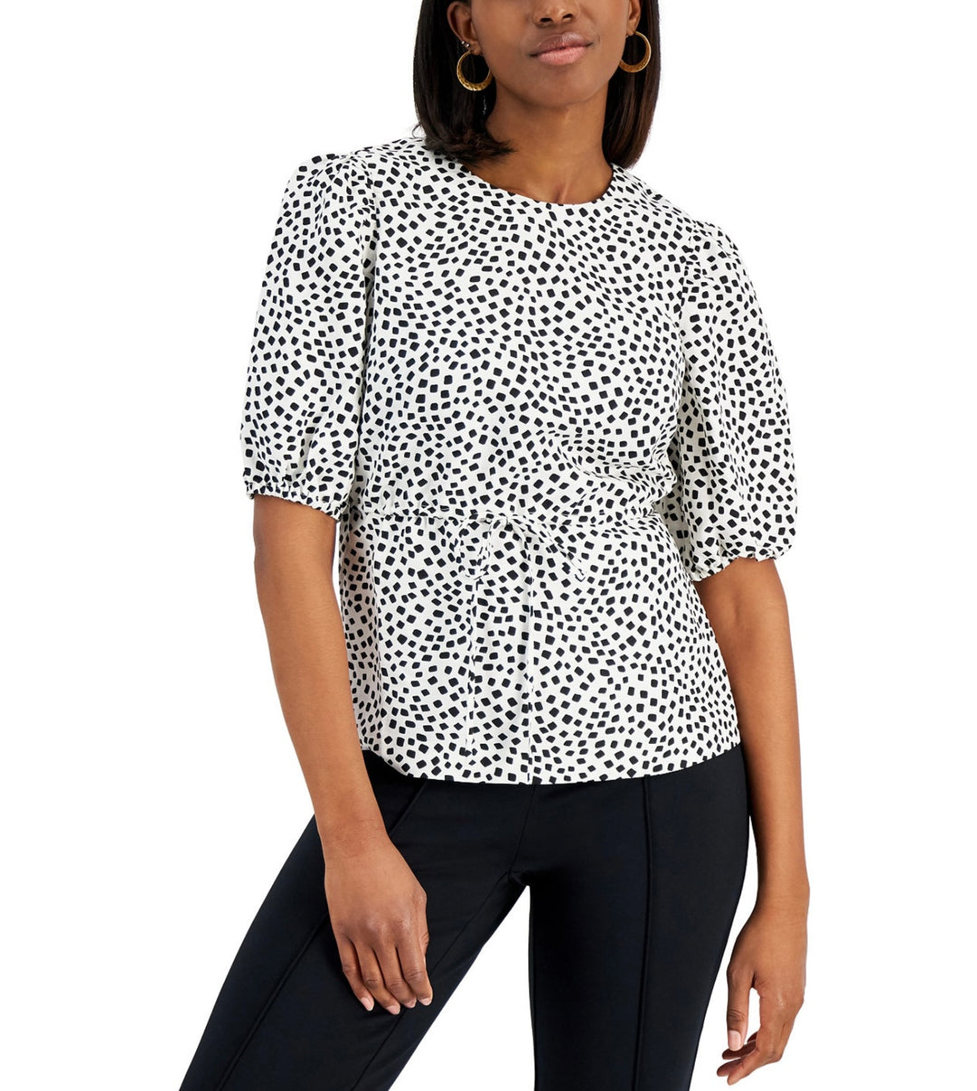 Alfani Women's Scoop Neck Tie-Waist Puff-Sleeve Top White Contour Square Size XL
