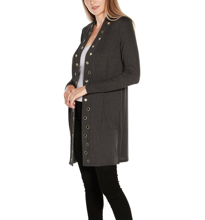 Belldini Women's Grommet-Trim Cardigan Heather Charcoal Size S