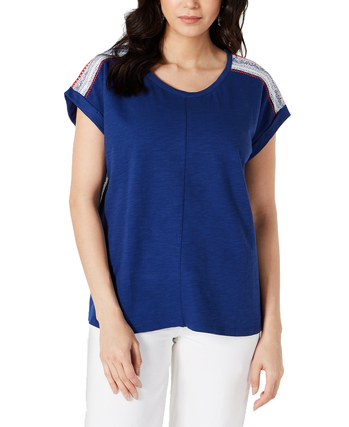 Style & Co Women's Mixed Media Scoop-Neck Top Americana Stripe Size L