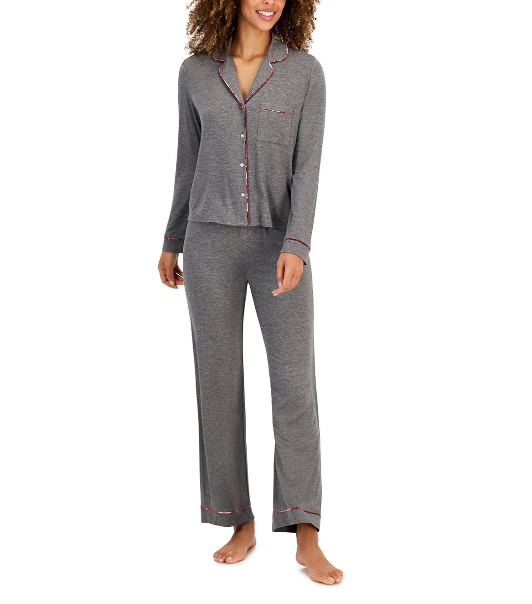 Jenni Women's Long Sleeve Notch-Collar Pajama Set Pewter Heather