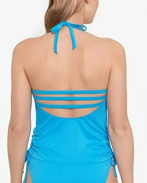 Salt + Cove Juniors' Ribbed Shirred Halter Tankini Swim Top Cerulean Size L