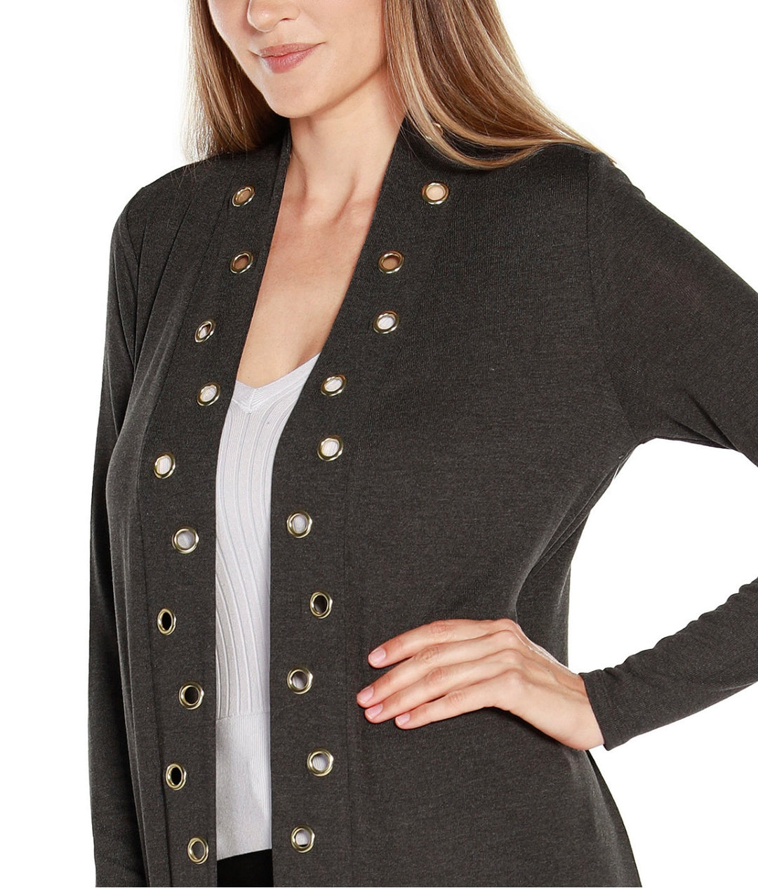 Belldini Women's Grommet-Trim Cardigan Heather Charcoal Size S