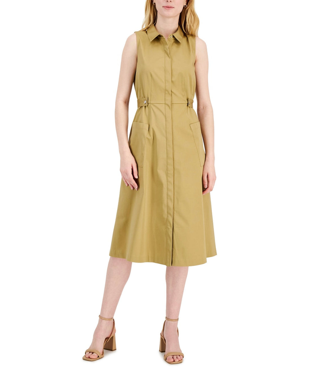 Alfani Women's Point Collar Sleeveless Petite Utility Dress Water Camel