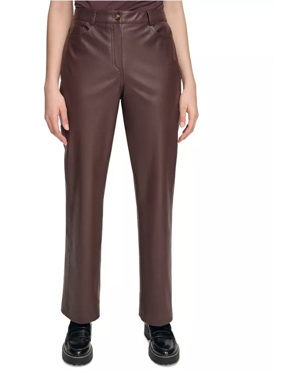 Calvin Klein Women's X-Fit Faux Leather Pants Coffee Bean Size 8