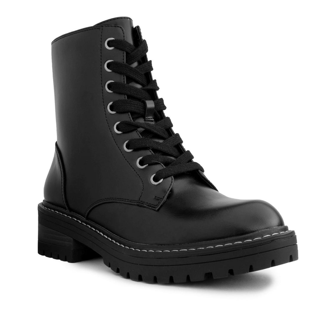Sugar Women's Kaedy Faux Leather Lugged Sole Combat & Lace-up Boots Black Size 9
