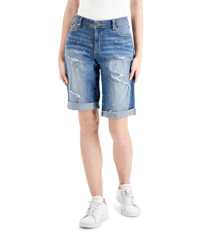 INC International Concepts Women's Curvy Mid Rise Ripped Bermuda Shorts