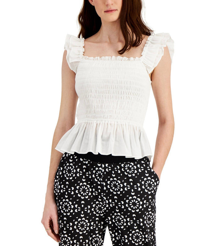 INC International Concepts Women's Smocked Blouse Washed White Size M