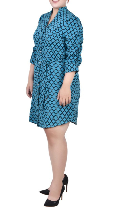 NY Collection Women's 3/4 Rouched Sleeve Belted Dress Harbor Blu Plus Size 2X