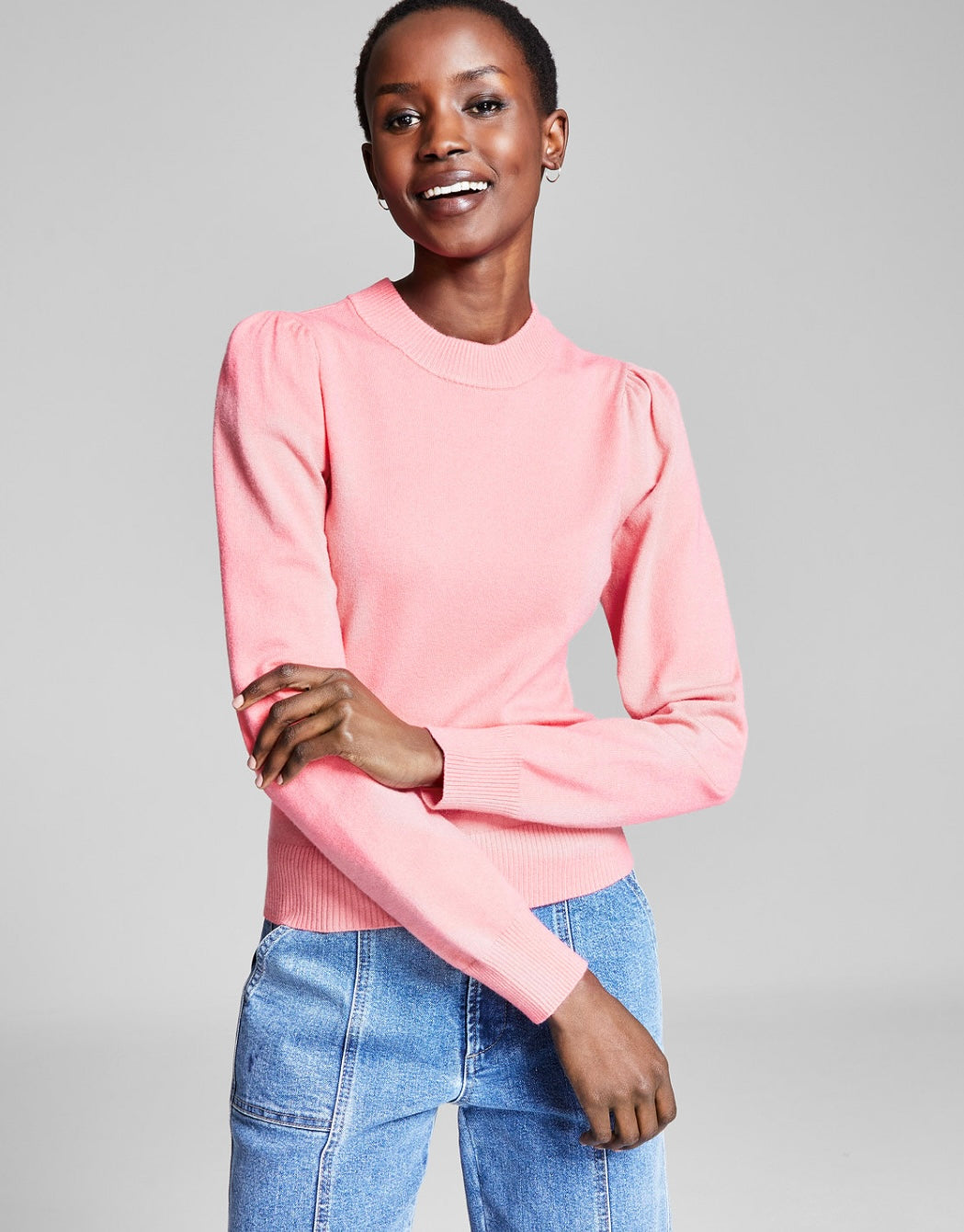 And Now This Women's Crewneck Puff-Sleeve Sweater Fresh Coral Size S