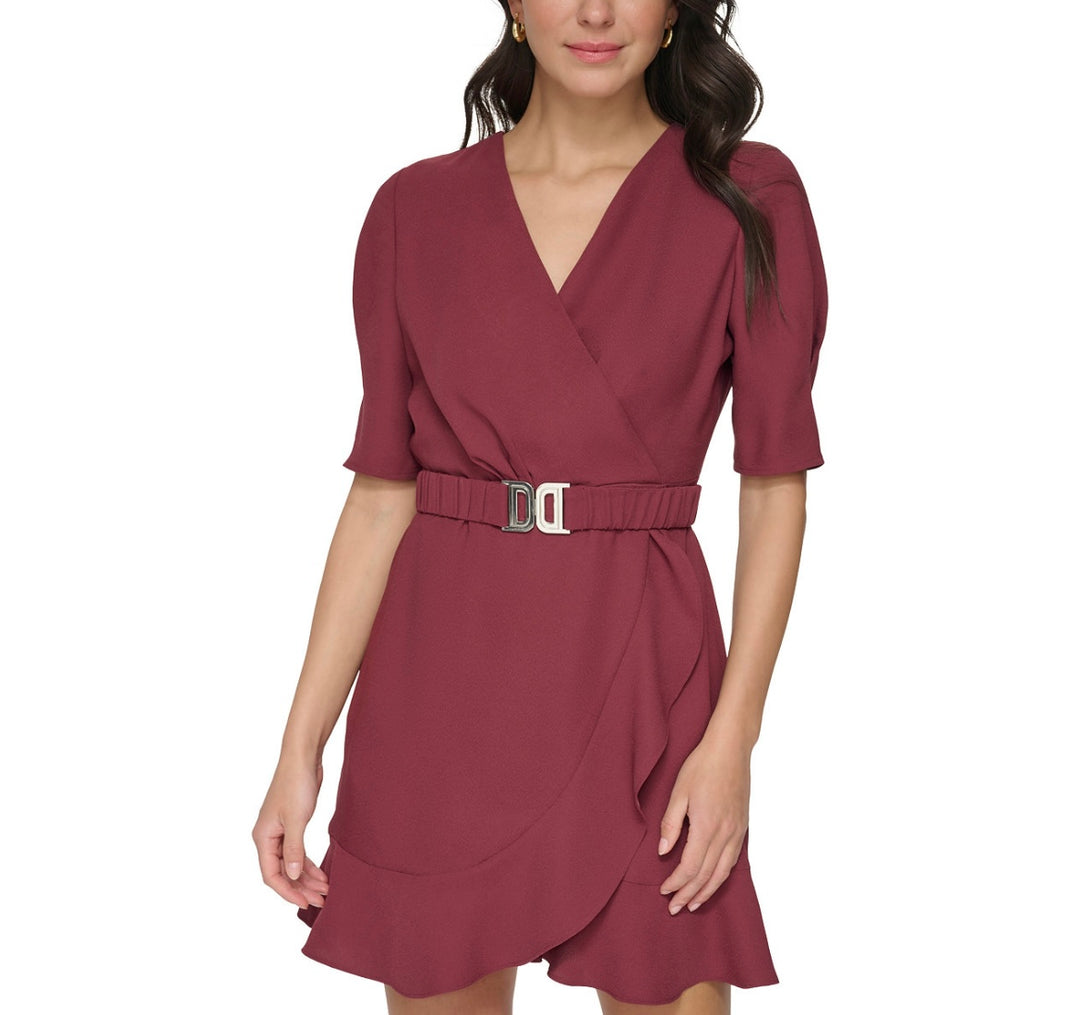 DKNY Women's Short Sleeve Belted Faux Wrap Mini Dress Cabernet Size XL