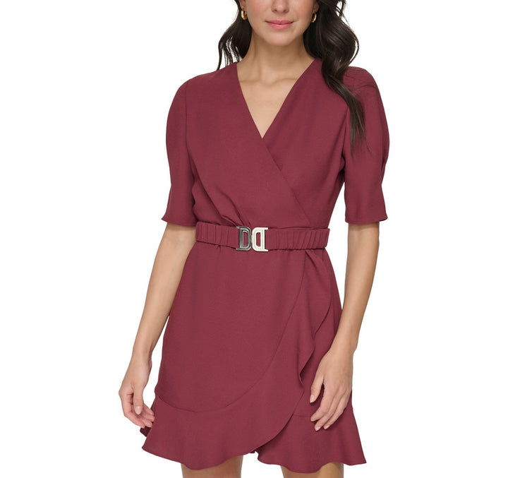 DKNY Women's Short Sleeve Belted Faux Wrap Mini Dress Cabernet Size XL