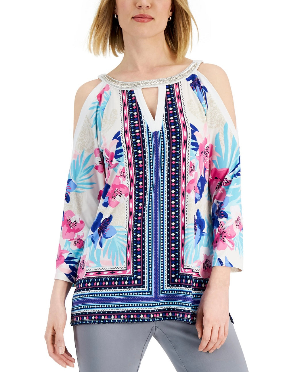JM Collection Women's Floral-Print Cold-Shoulder Top Warm Ivory Combo