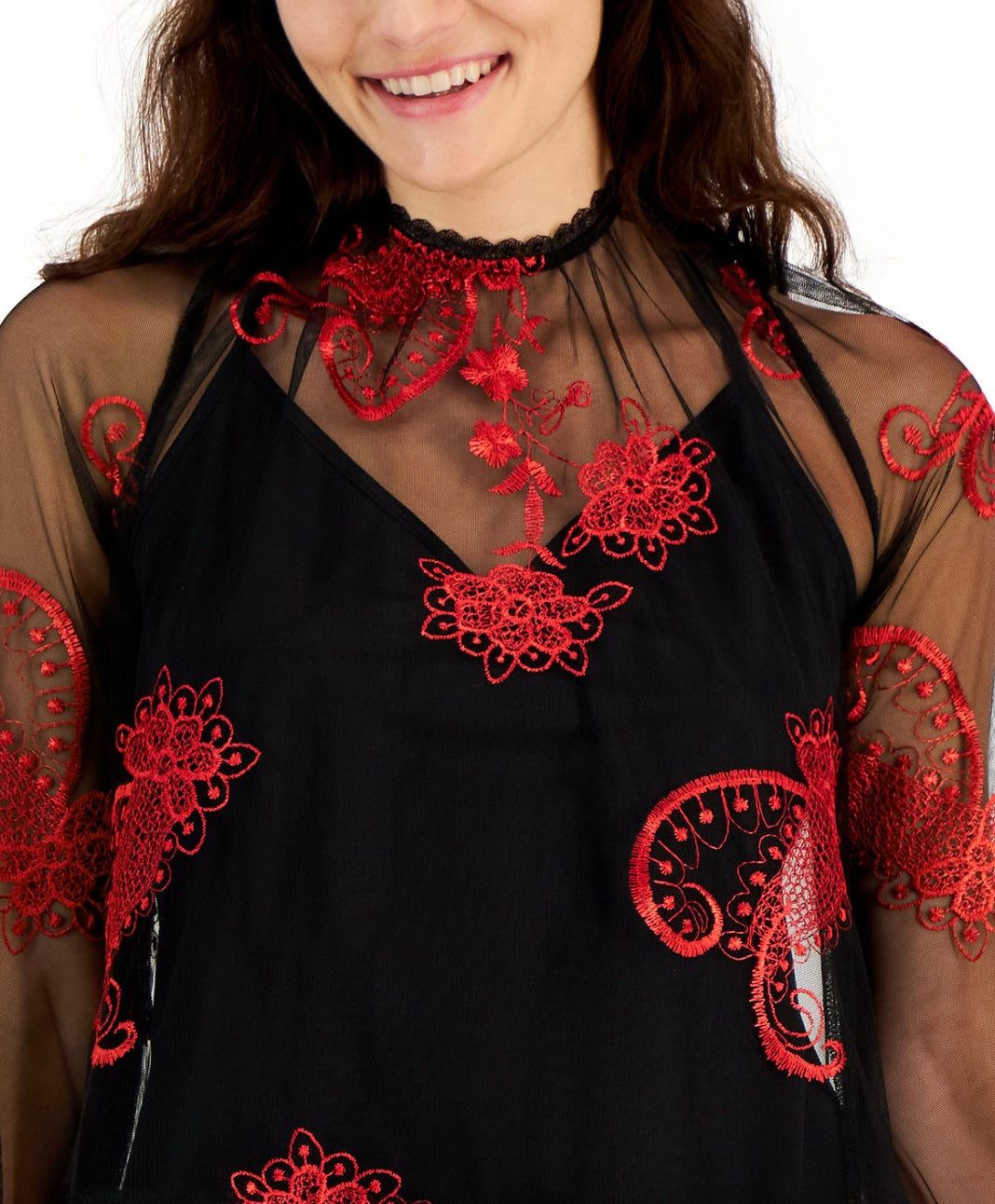 Fever Women's Printed-Embroidered-Mesh Long-Sleeve Top Black Size S