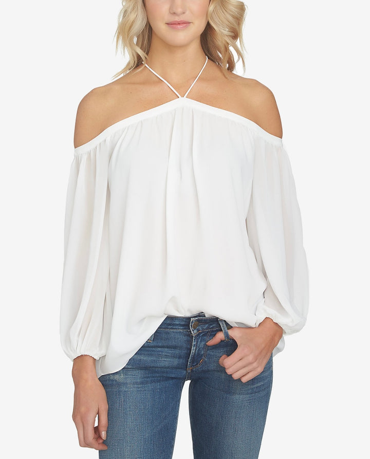 1.State Women's Long Sleeve High Neck Blouse Cloud Size M