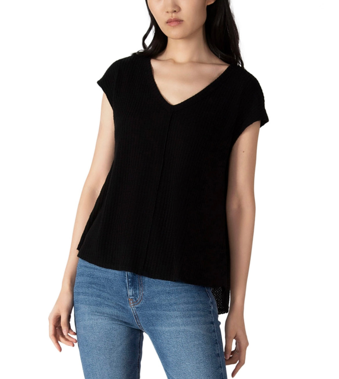 Black Tape Women's Short Sleeve V-Neck Waffle-Knit Top Black Size L