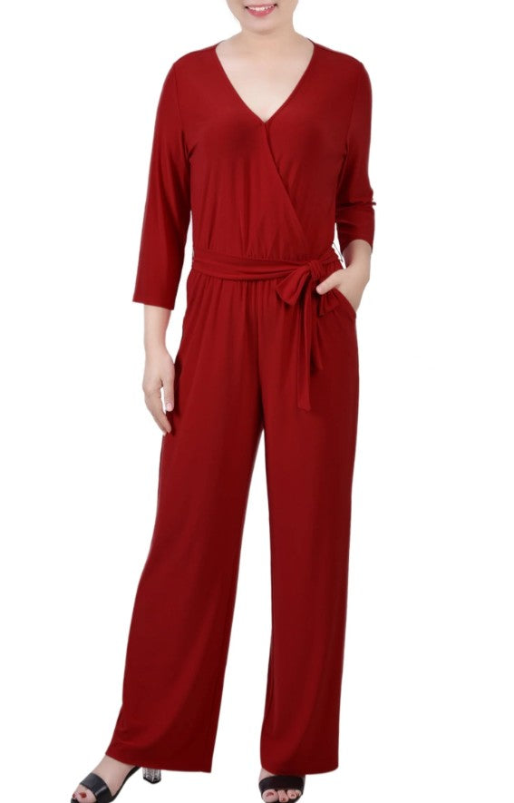 NY Collection Women's 3/4 Sleeve Belted Jumpsuit Wine Size M
