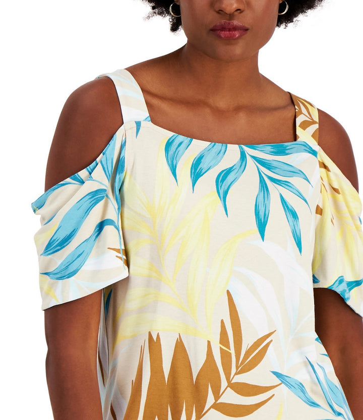JM Collection Women's Square Neckline Cold-Shoulder Top Taupe Flash Combo