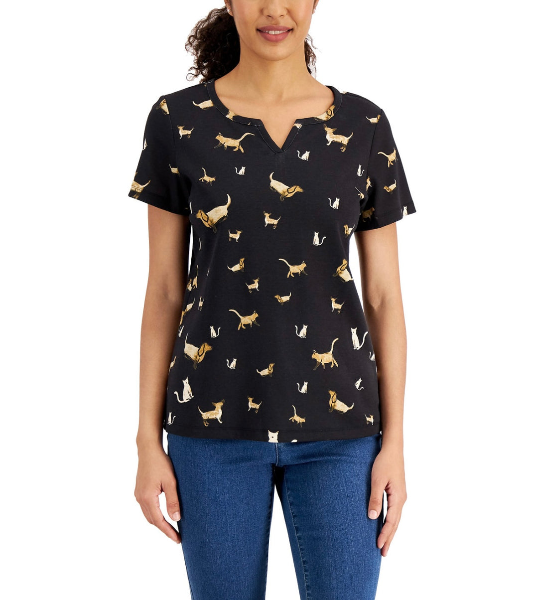 Karen Scott Women's Short Sleeve Pet Parade Split-Neck Top Deep Black Size XS