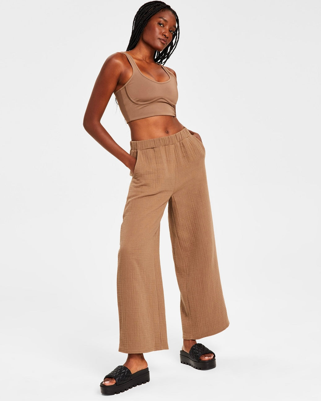 Jenni Style Not Size Women's Double Cloth Gauze Solid Wide Leg Pant Tobacco Tan