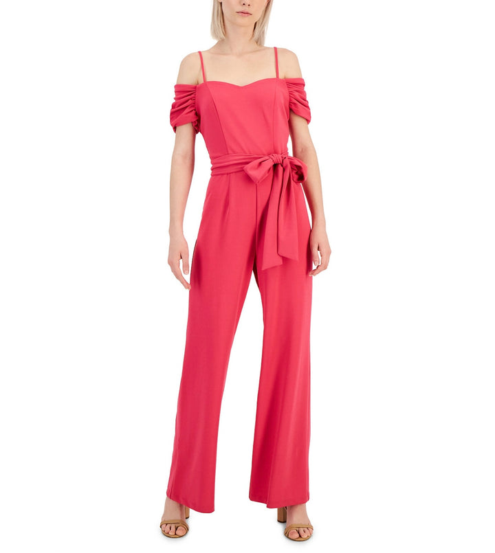 Tahari ASL Women's Off-The-Shoulder Crepe Jumpsuit Hot Pink Size 10