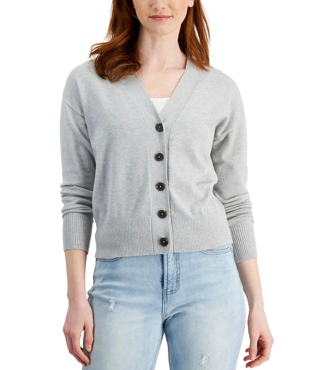 Style & Co. Women's V-Neck Cropped Button Cardigan Light Grey Heather Size L