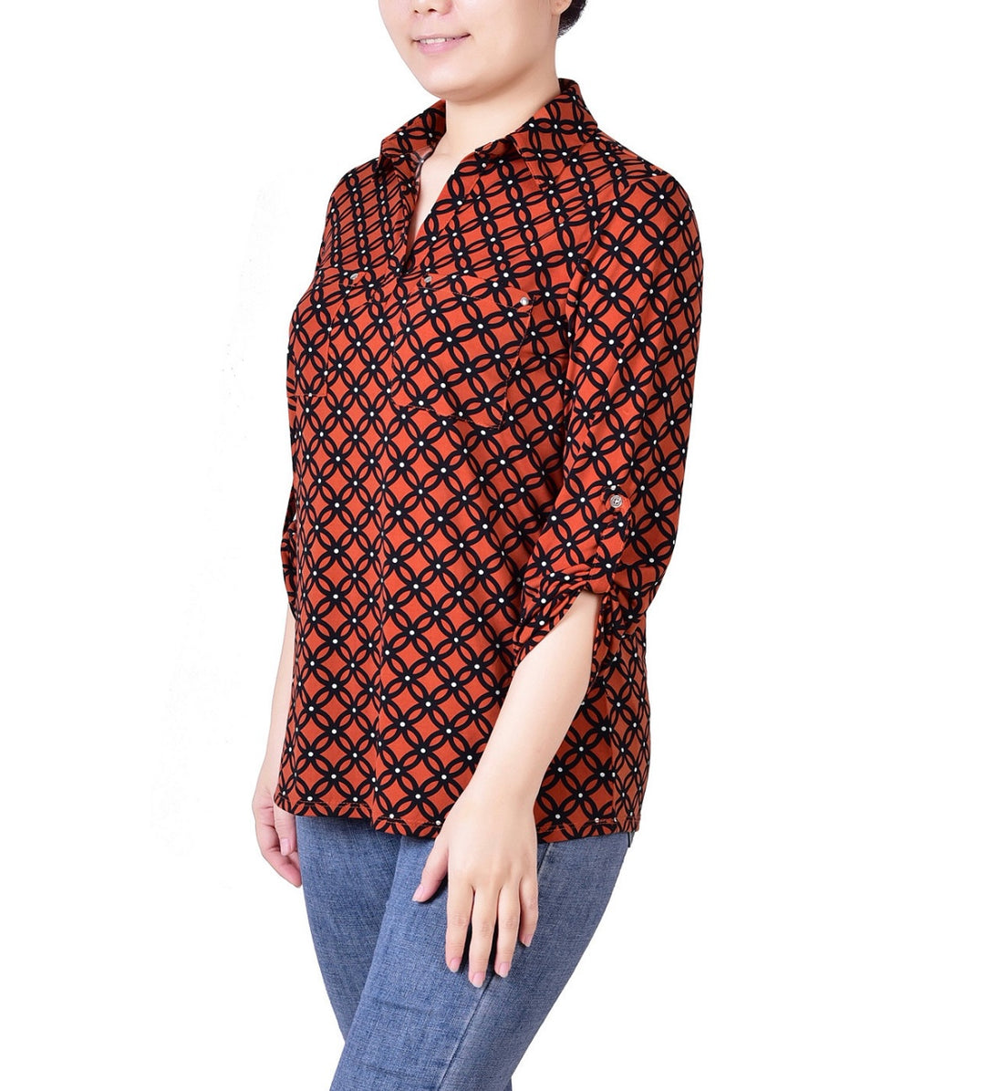 NY Collection Women's 3/4 Ruched Sleeve Studded Y-Neck Top Petite Size PXL