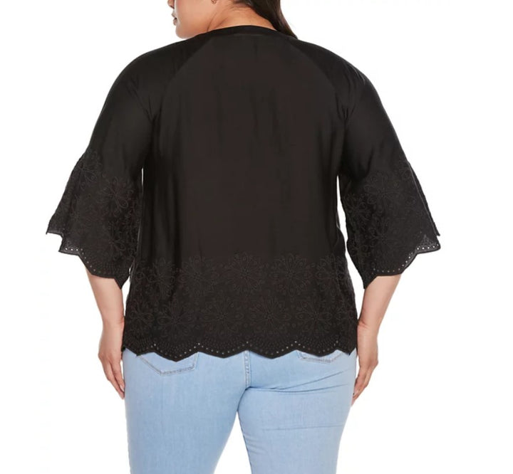 Belldini Women's Black Label Raglan 3/4-Sleeve Embroidered Top Plus Size 2X