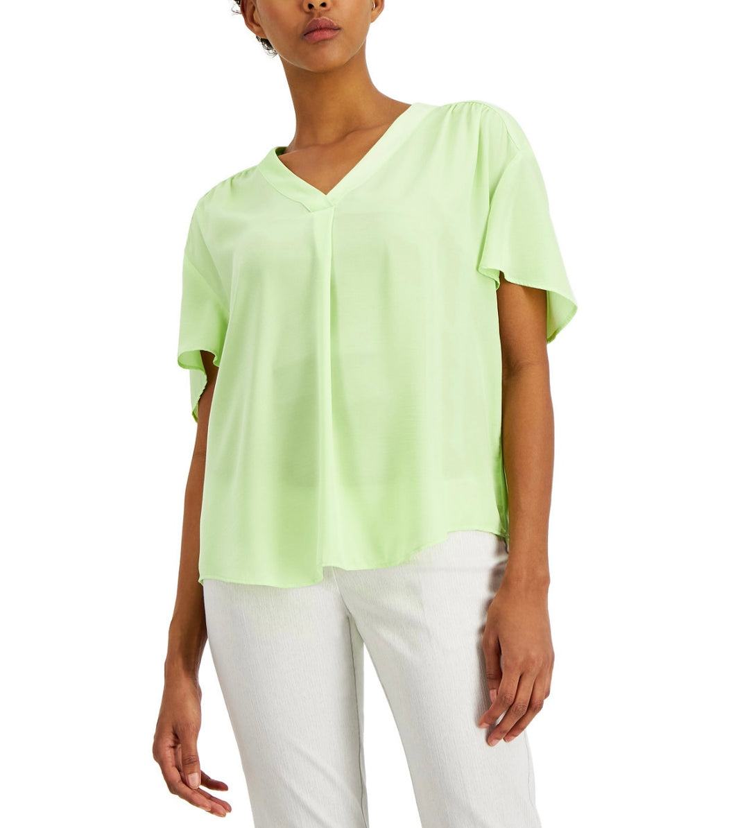 Alfani Women's Shirred V-Neck Short Dolman-Sleeve Top Melon Sky Size XS
