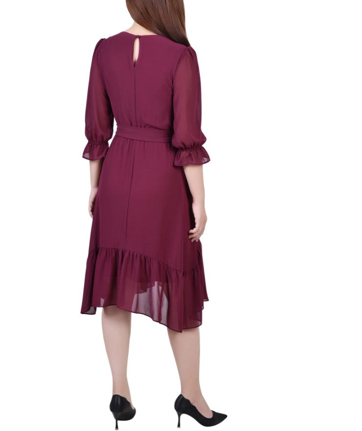 NY Collection Women's 3/4 Sleeve V-Neck Flounced Dress Wine Size S