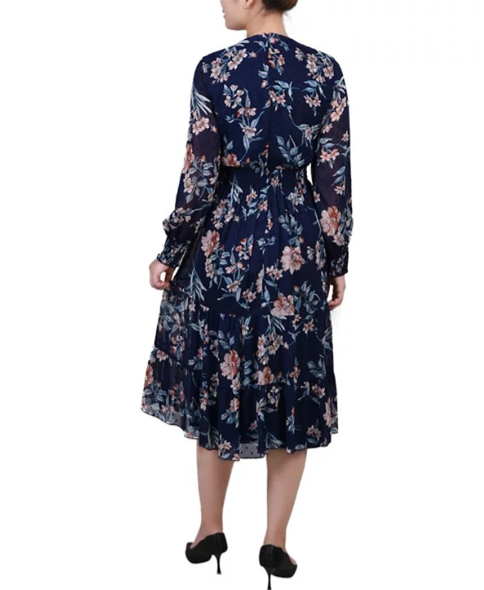 NY Collection Women's Long Sleeve Clip Dot Chiffon Dress Navy Hydrolily Size S