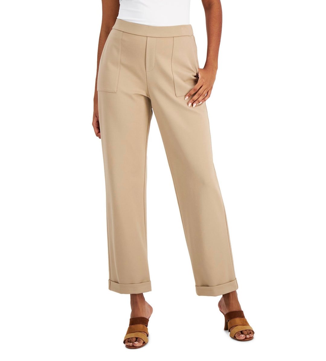 Alfani Women's Elastic Waistband Cuffed Straight-Leg Pants Fresh Almond Size M