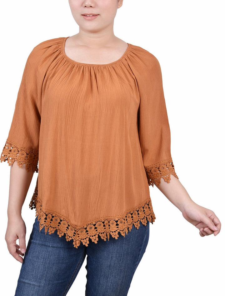 NY Collection Women's 3/4 Sleeve Peasant Blouse Mustard Petite Size PM