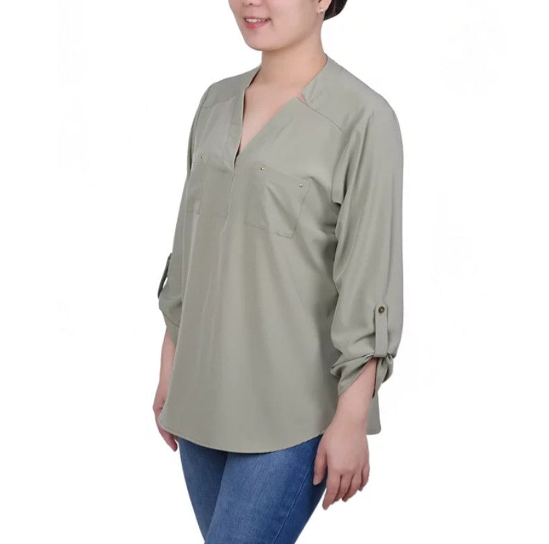 NY Collection Roll Tab Sleeve Blouse with Pockets Tea Petite Size PM