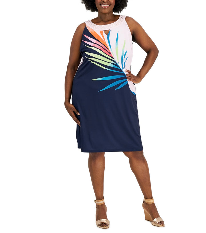 JM Collection Women's Palm-Print Beaded Sleeveless Dress Plus Pink Gem Combo
