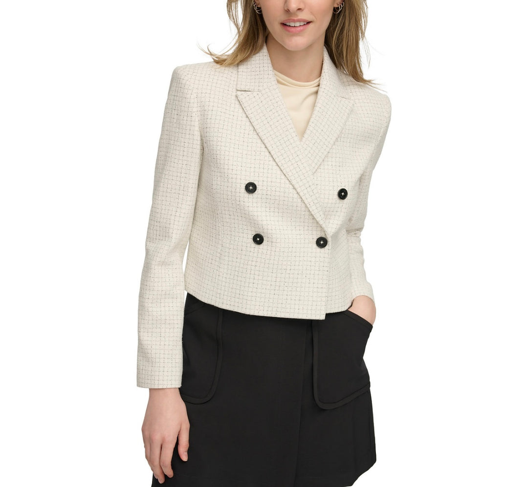 Calvin Klein Women's Double-Breasted Tweed Blazer Cream Multi Size 14