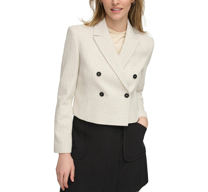 Calvin Klein Women's Double-Breasted Tweed Blazer Cream Multi Size 14