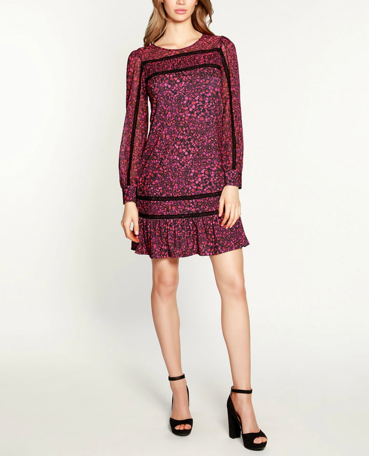 Belldini Black Label Women's Petite Wild Ditsy Mixed Media Dress Dark Plum Combo