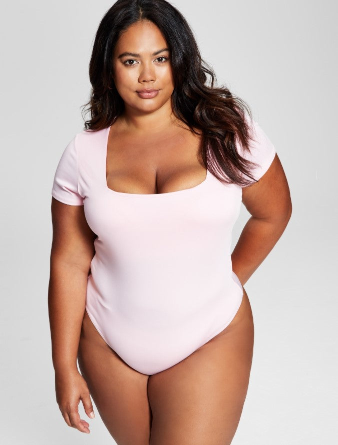 And Now This Women's Square-Neck Short-Sleeve Bodysuit Bubble Gum Plus Size 2X