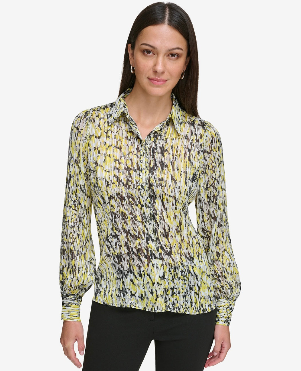 DKNY Women's Abstract-Print Button-Up Shirt Limonata Multi Size L