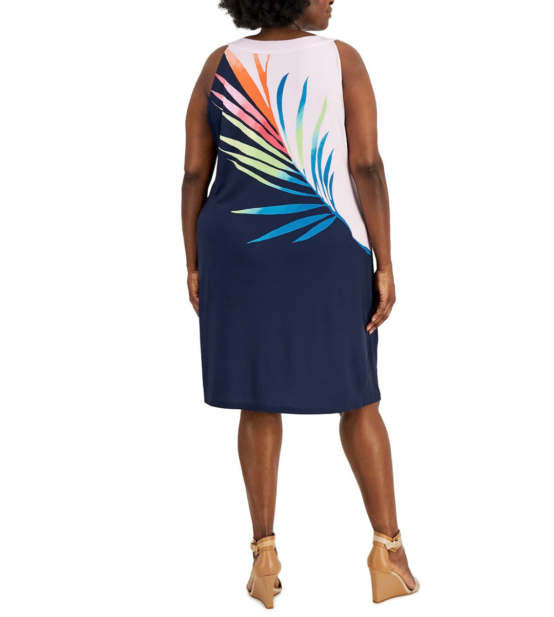 JM Collection Women's Palm-Print Beaded Sleeveless Dress Plus Pink Gem Combo