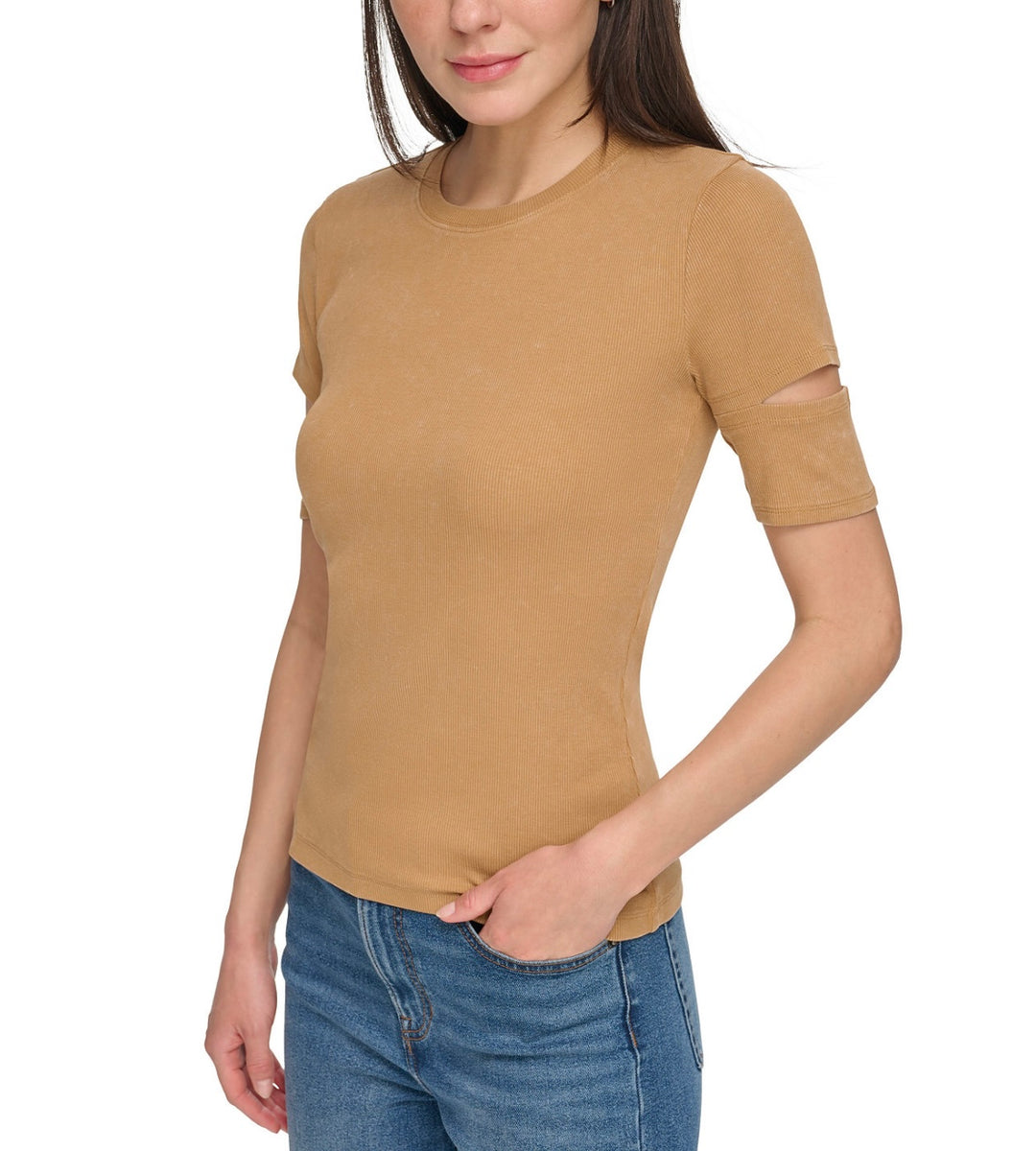 DKNY Women's Cutout Short-Sleeve Rib-Knit Top Pecan Size L