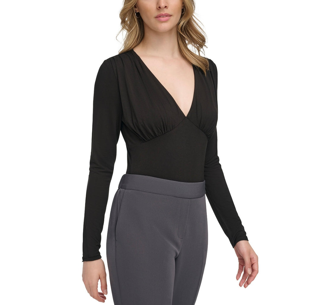 Calvin Klein Women's Long-Sleeve Plunge-Neck Bodysuit Black Size XL