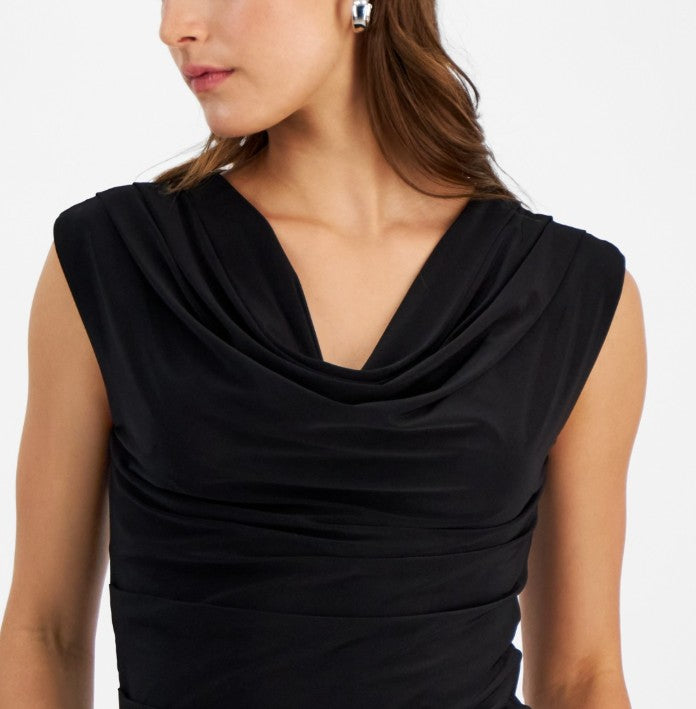 Bar III Women's Cap-Sleeve Cowlneck Top Deep Black Size L