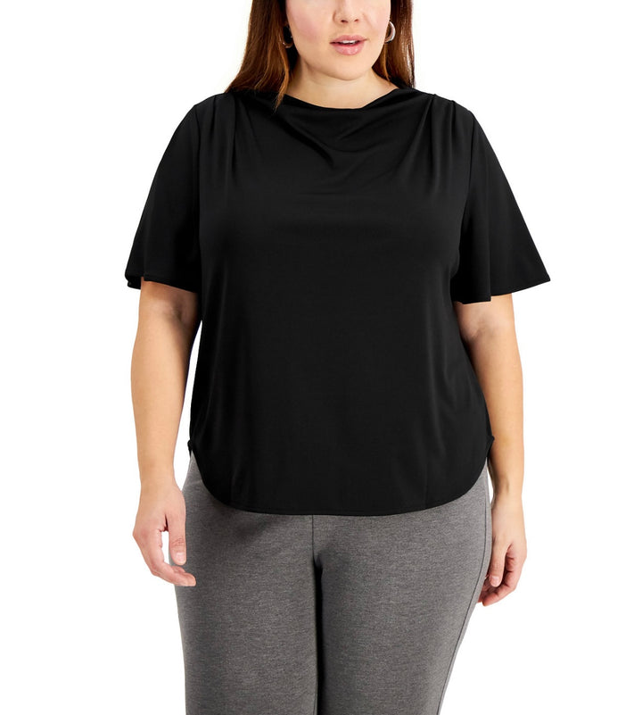 Alfani Women's Back Zipper Cowlneck Flutter-Sleeve Top Deep Black Plus Size 0X