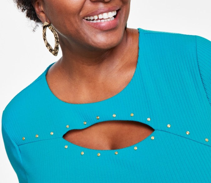 INC International Concepts Women's Studded Cutout Top Fresco Blue Plus Size 1X