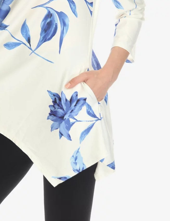 White Mark Women's Floral Printed Cold Shoulder Tunic Top White Blue Size L
